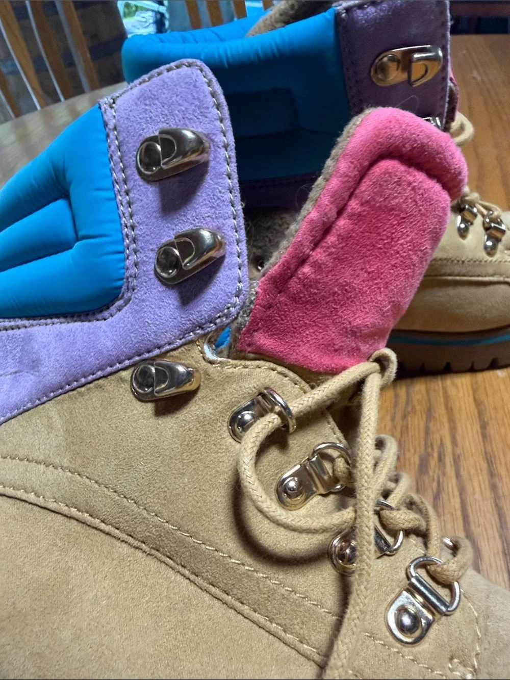 Pacifica Tan Suede Kids/Women’s Lace-Up Boots with Pink Tongue and Blue Trim